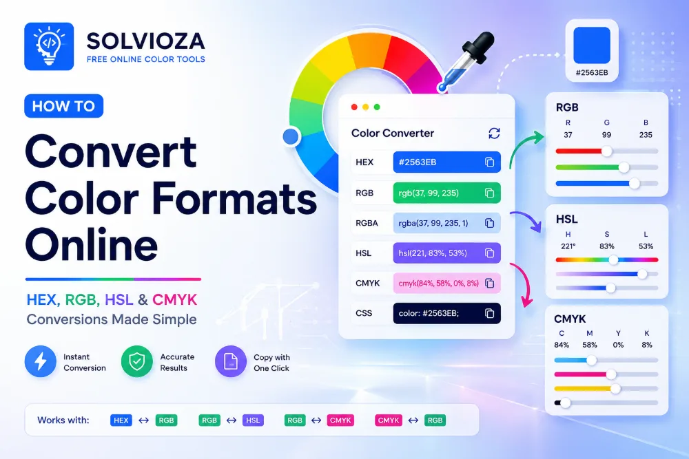 HEX, RGB, HSL, and CMYK color values being converted online