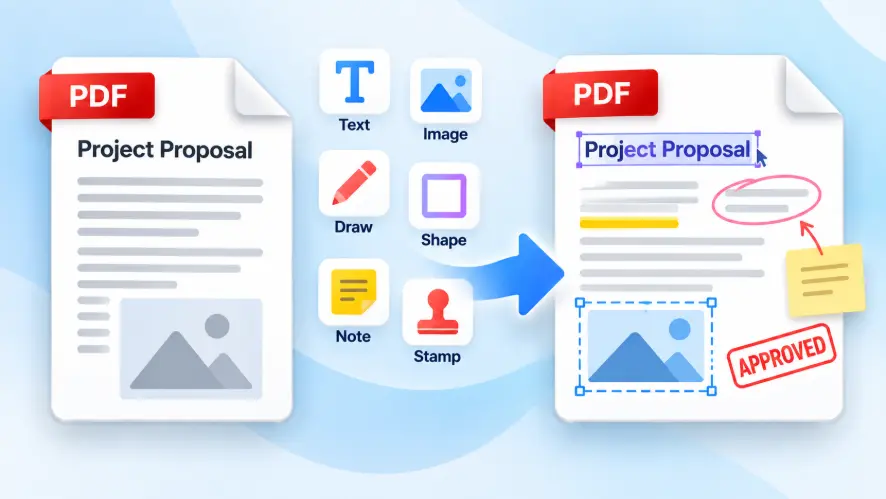 PDF document being edited online with text, images, drawings, shapes, and notes