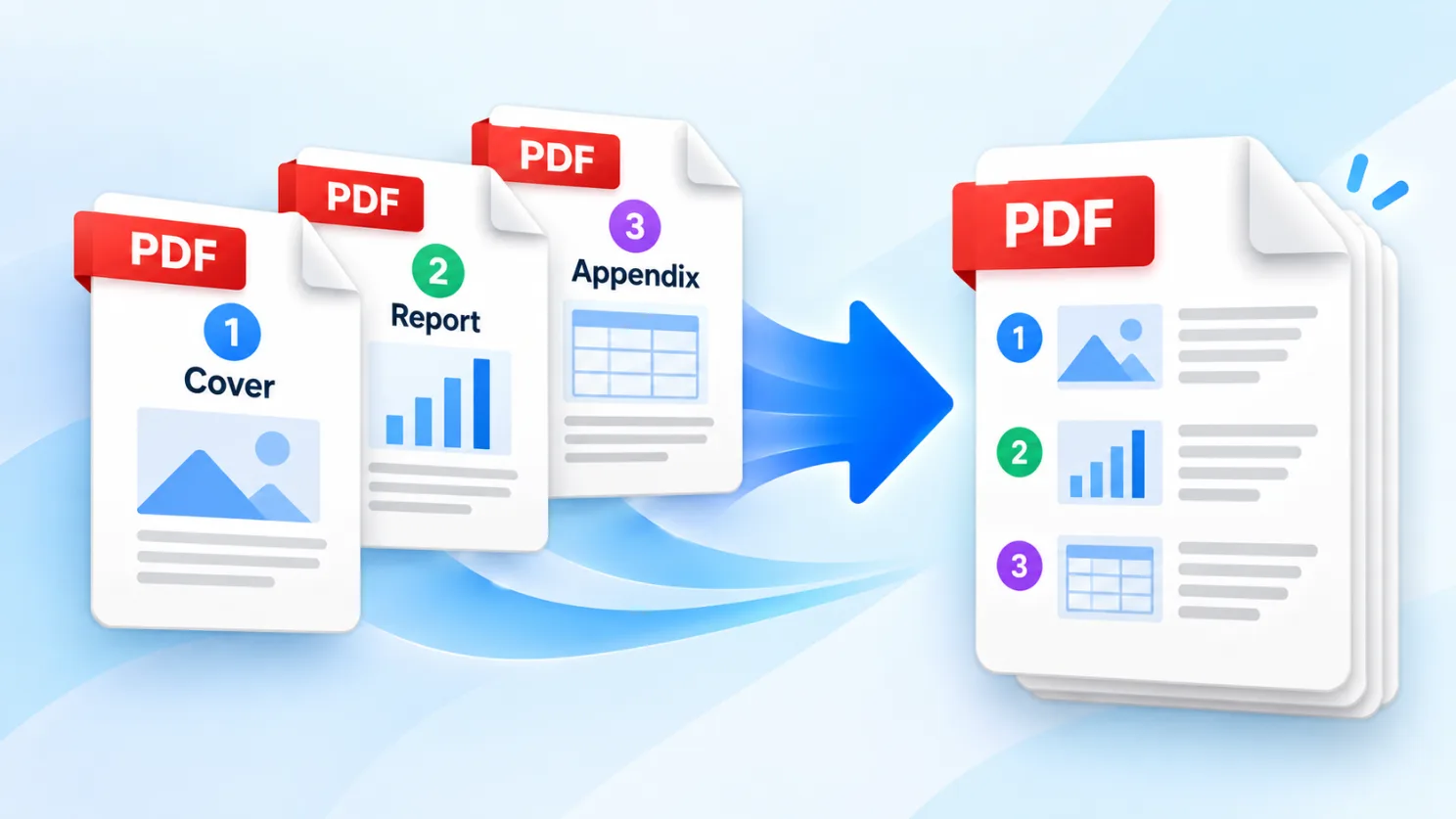 Several ordered PDF files combining into one complete document