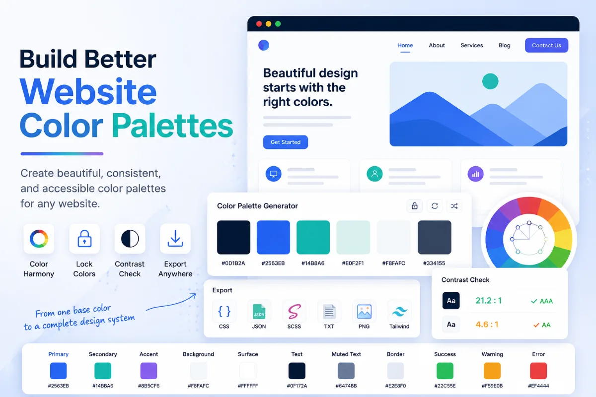 Website color palette being created with coordinated brand, background, text, and accent colors