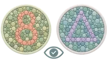 Color vision test plates showing a dotted number eight and triangle shape