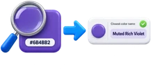 `Magnifying glass identifying hex color #6B4BB2 as Muted Rich Violet`