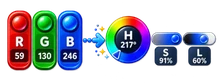 RGB values converted into hue wheel, saturation slider and lightness slider