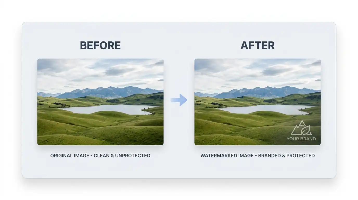 Before and after example of adding a watermark to an image online