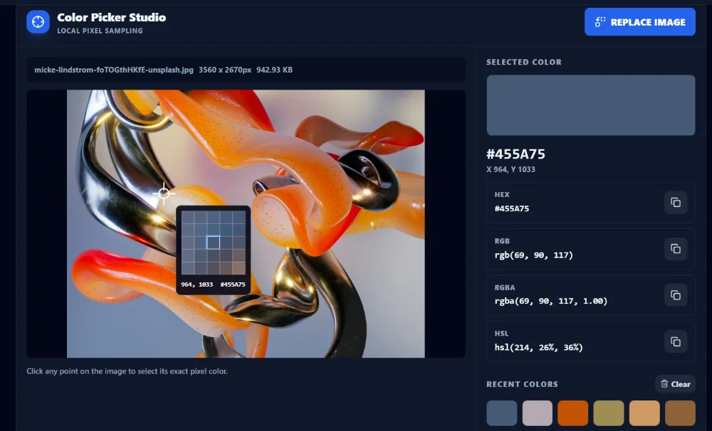 Example of selecting an exact pixel color from an image