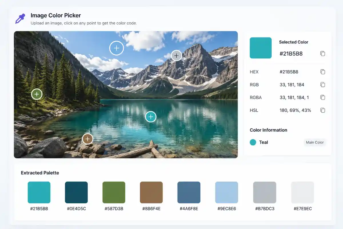 Image color picker extracting colors and a palette from an uploaded image