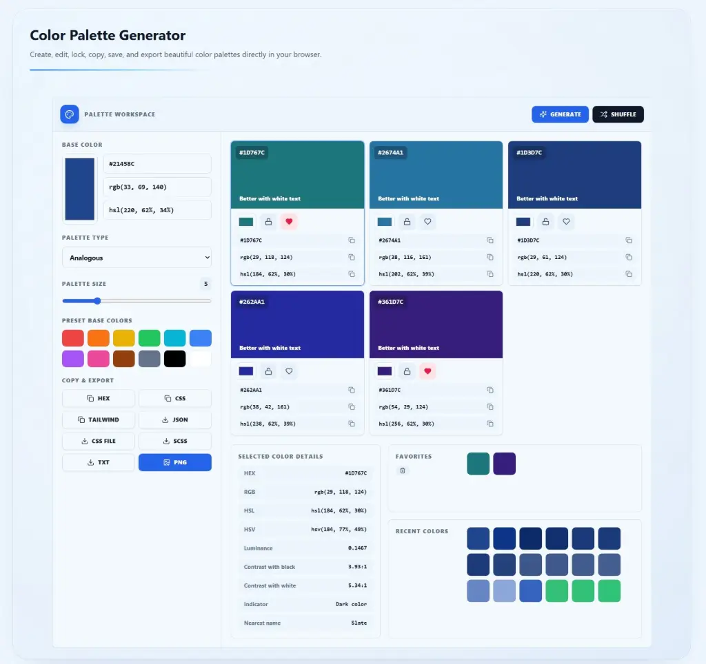 Solvioza Color Palette Generator interface showing a generated color palette, color details, favorites, and export options
