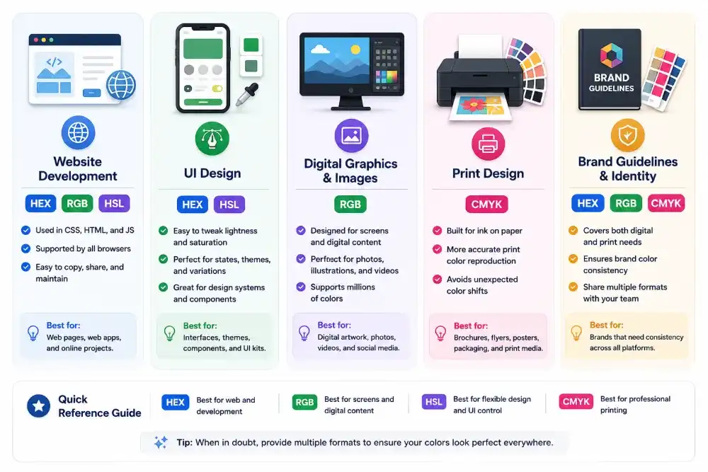 HEX, RGB, HSL, and CMYK formats matched with web design, UI design, digital graphics, and print