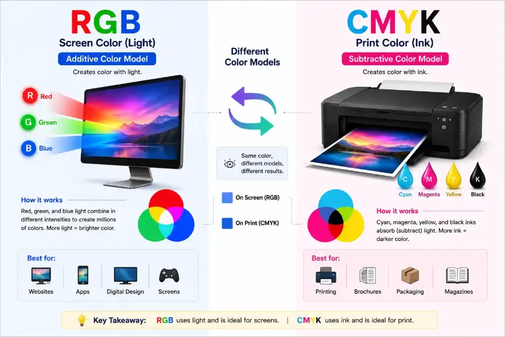 Comparison of RGB screen light and CMYK printing ink color models