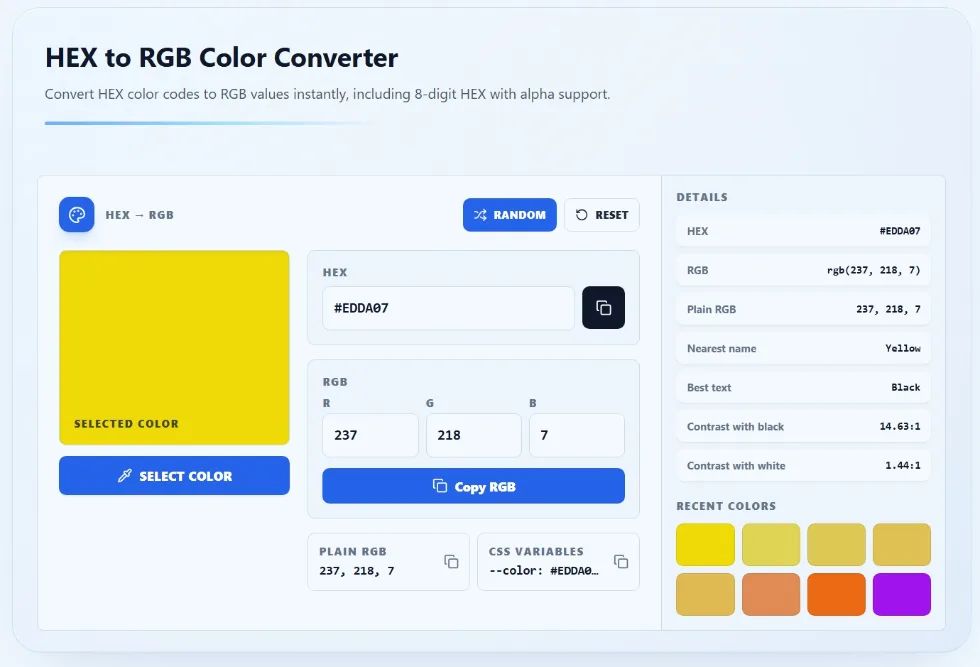 Solvioza HEX to RGB Color Converter showing HEX, RGB, RGBA, and CSS color values