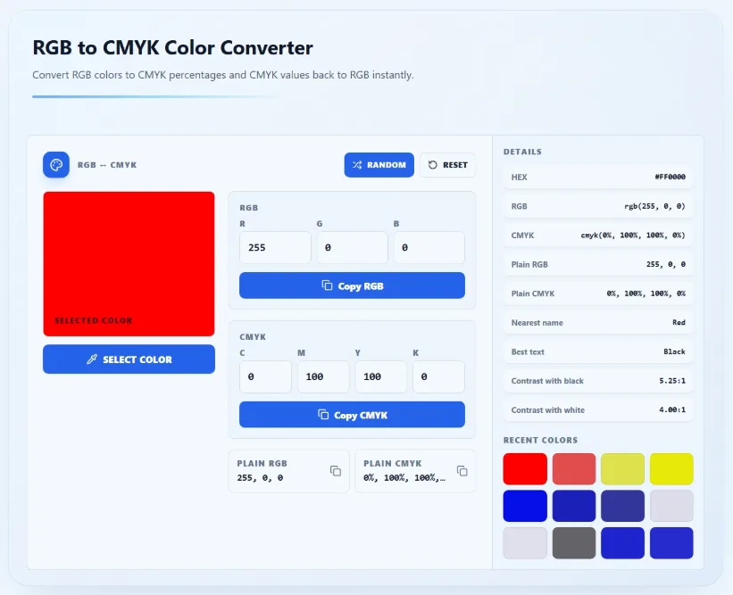 Solvioza RGB to CMYK Color Converter showing RGB channels and CMYK percentages