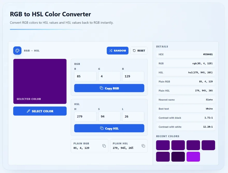 Solvioza RGB to HSL Color Converter with editable RGB and HSL channels and a live color preview