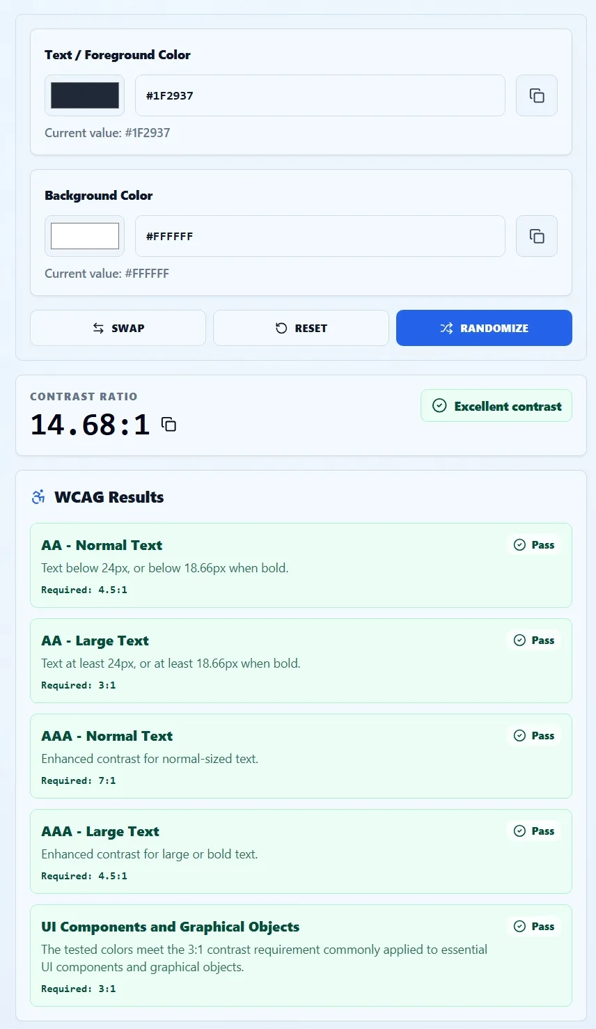 Solvioza Color Contrast Checker displaying foreground and background colors, contrast ratio, and WCAG AA and AAA results