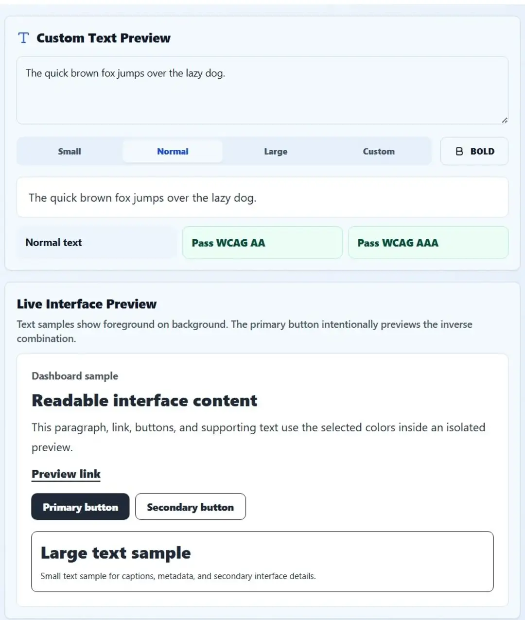 Custom text preview in Solvioza showing font size, bold setting, and WCAG AA and AAA contrast results