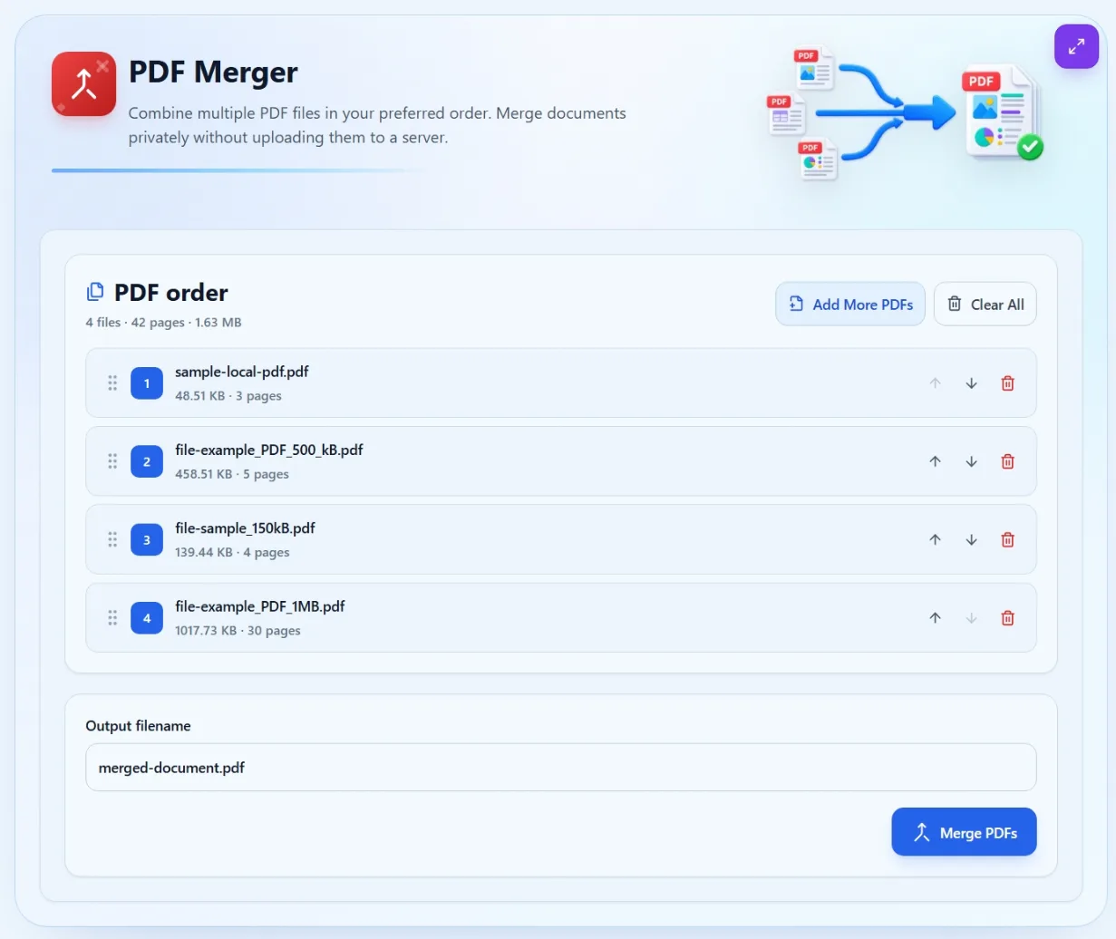 Several ordered PDF files combining into one complete document