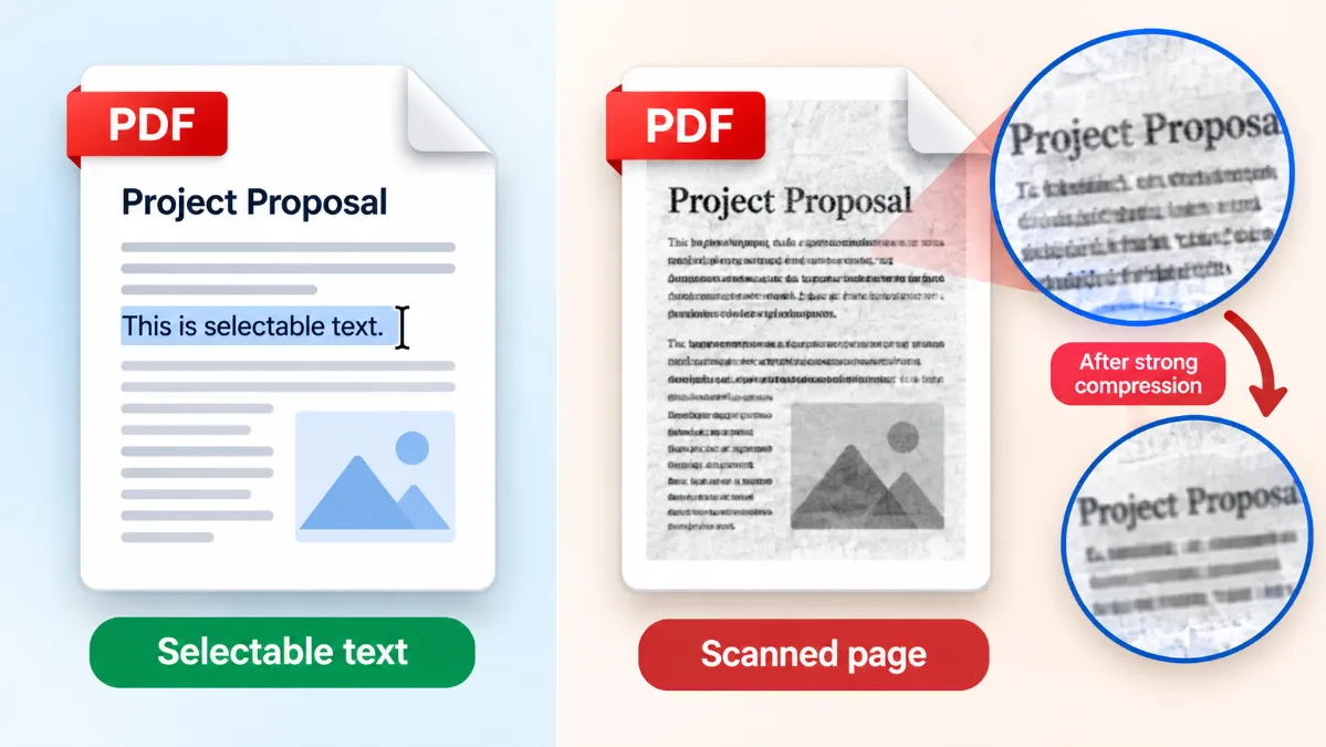 Selectable digital PDF text compared with a scanned page that becomes blurry after strong compression