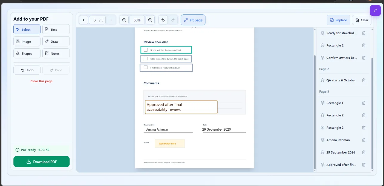 Edited PDF pages reviewed before exporting and downloading