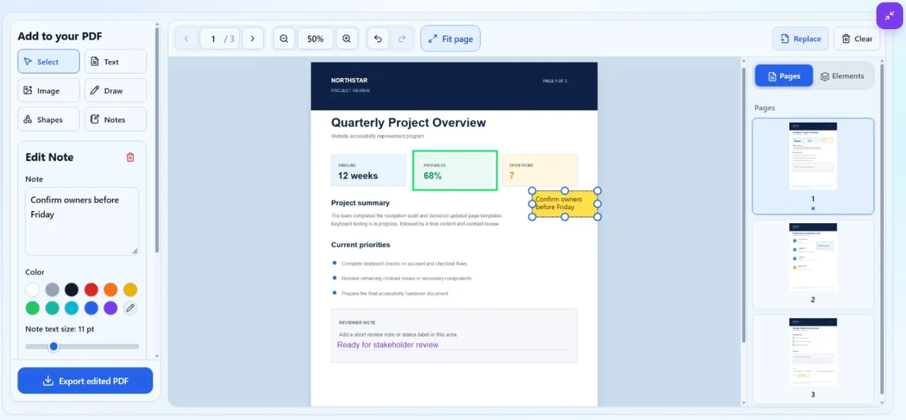 Online PDF editor showing text, image, drawing, shape, and note tools