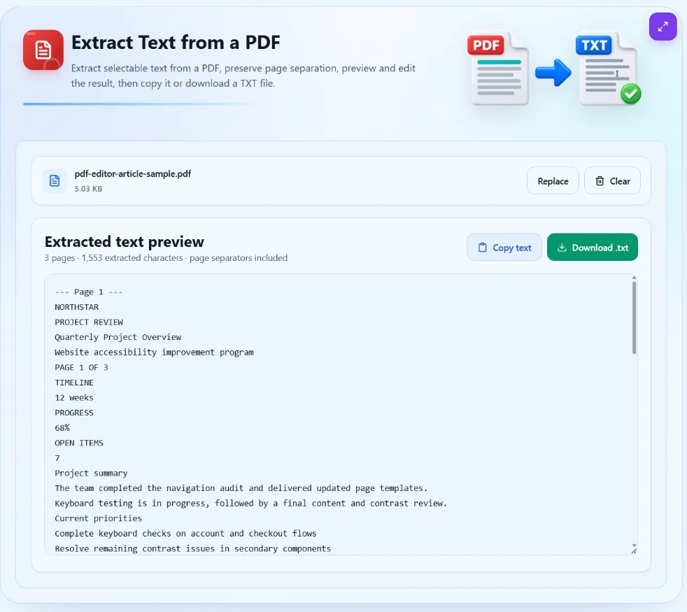 Extracted PDF text preview with page separators and copy and TXT download controls