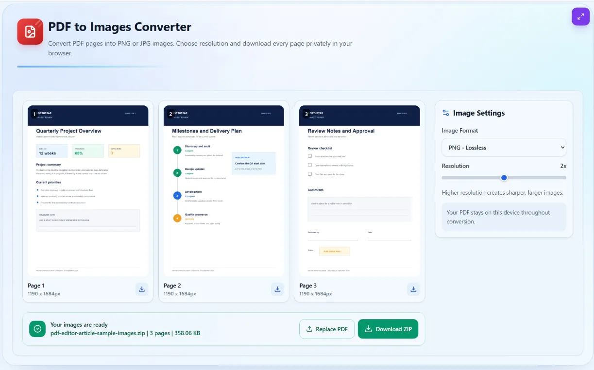 Converted PDF page images ready for individual or ZIP download