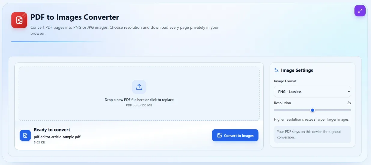 PDF to Images Converter showing PNG format and resolution settings