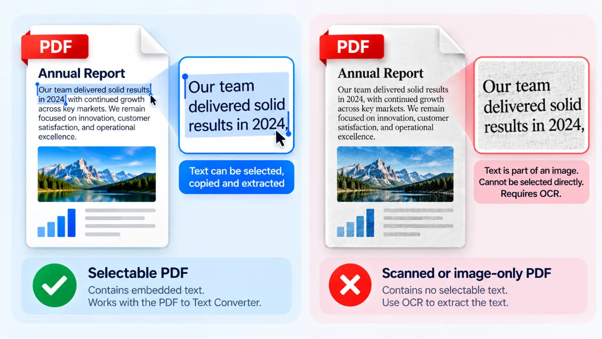 Selectable PDF text compared with an image-only scanned PDF that requires OCR
