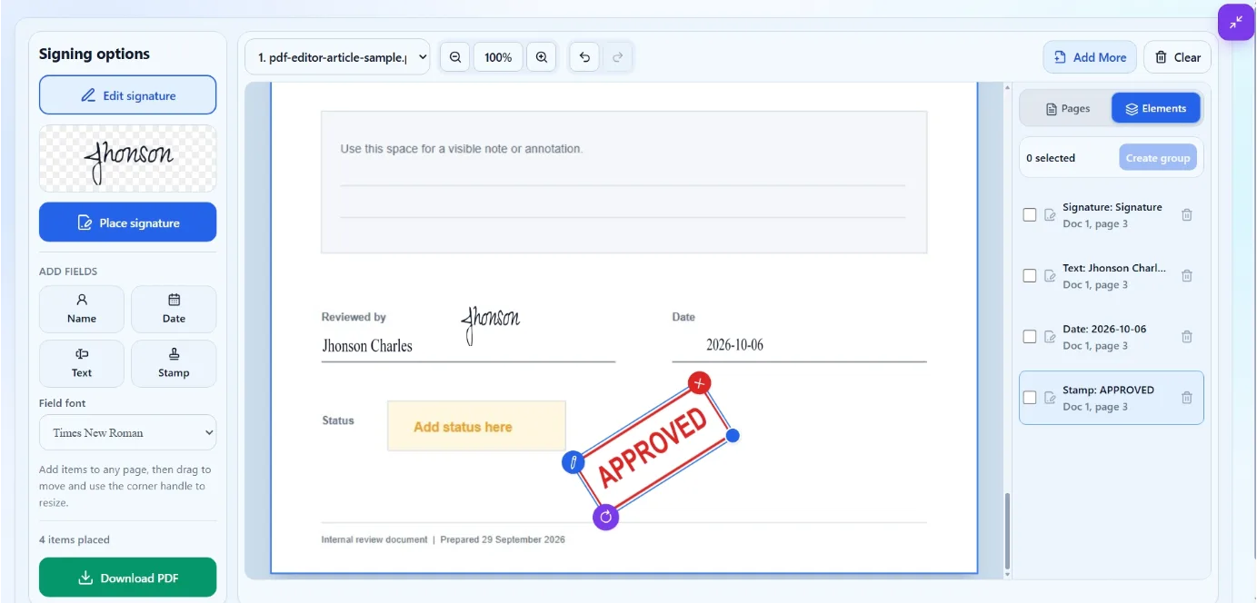 Signed PDF with a signature, name, date, and approval stamp ready to download