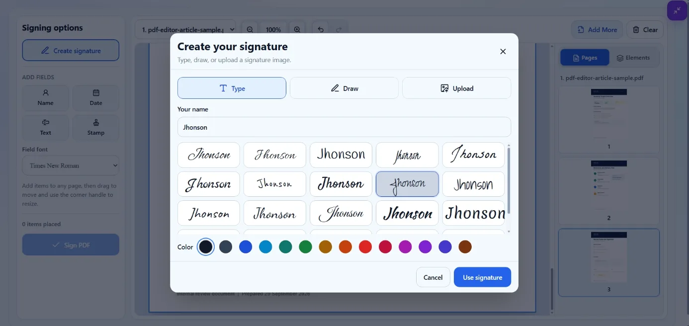 Options to type, draw, or upload a signature for a PDF